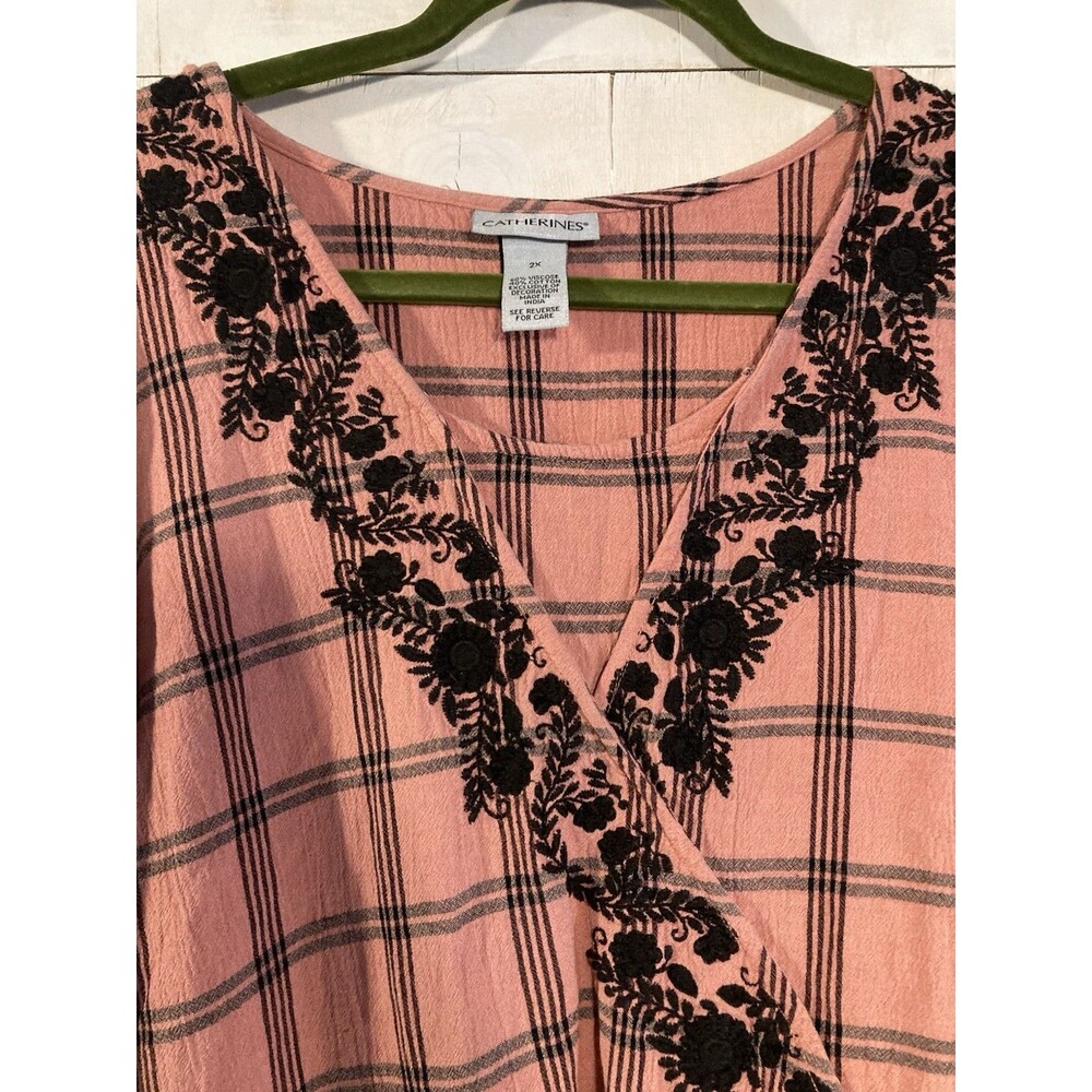 Catherine’s Embroidered Gingham‎ Pink Boho Shirt 2xl Cottagecore Whimsigoth - Picture 2 of 5